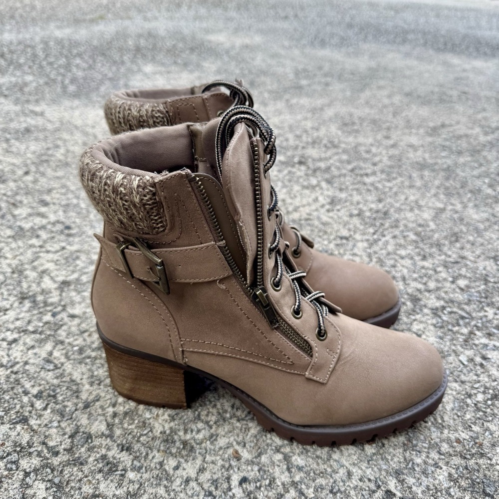 MIA Women's Size 8.5 Taupe Vegan Leather Suede Ankle Booties Lug Sole Block Heel - Picture 4 of 14